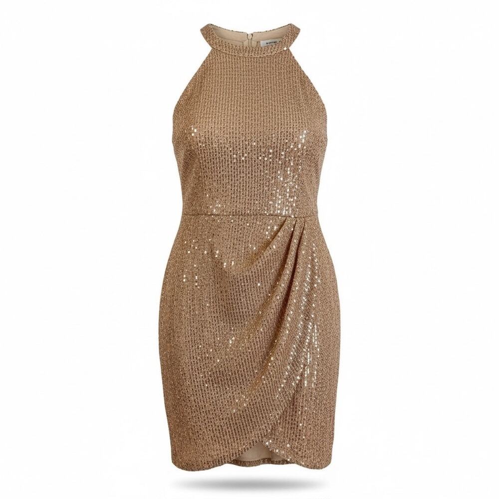 Gold Sequin Cocktail Dress Women’s 2XL Halter Mini Party Wedding Guest NWT
